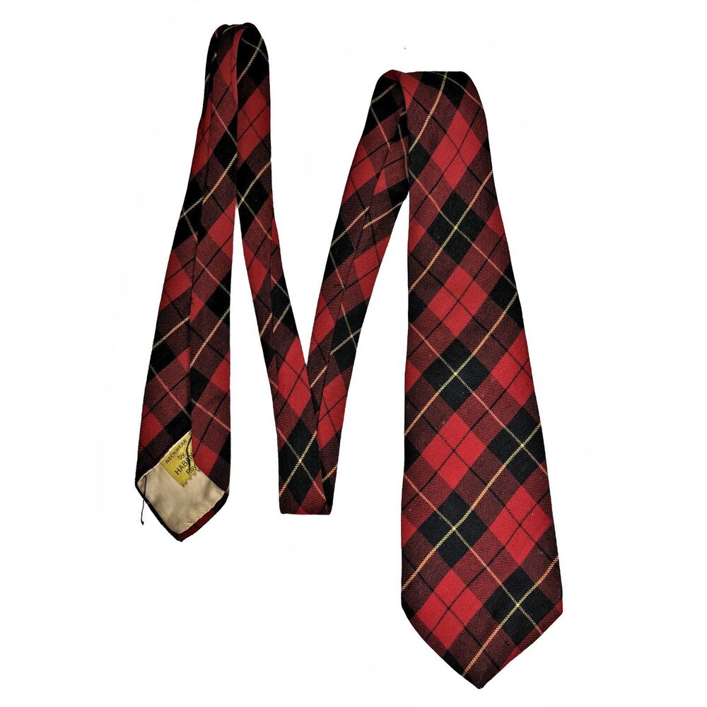 Vintage 1930s Haband Mens Red Tartan Plaid Wool Necktie Preppy Kilt Business